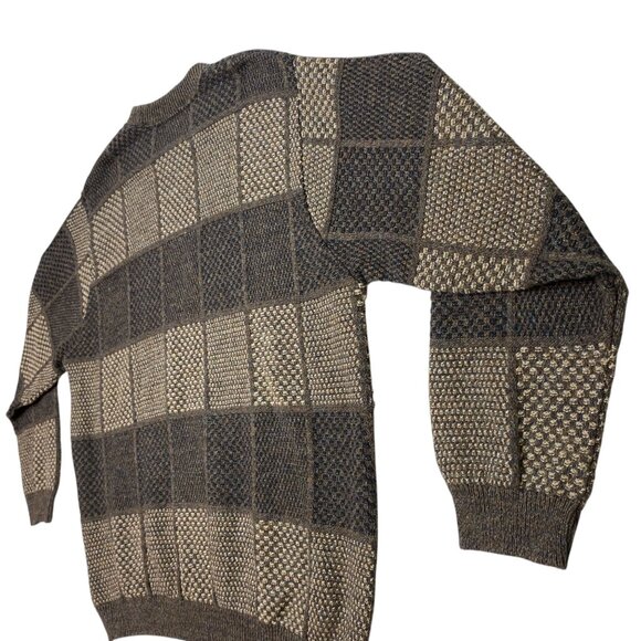 David Taylor Mens XXL Brown Pullover Sweater Knitted Checkerboard Crew Neck 90s - Picture 14 of 16